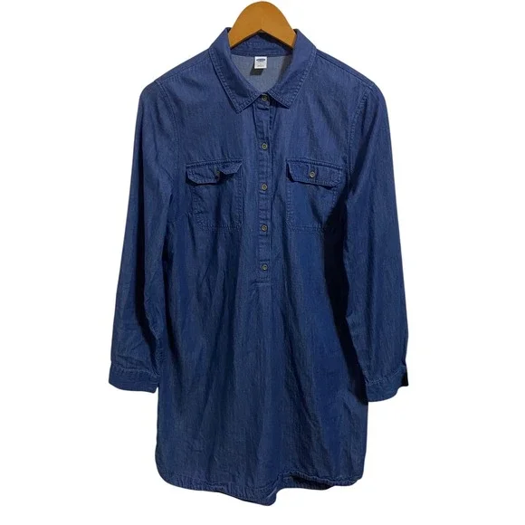 Old Navy Chambray Denim Shirt Dress Long Sleeve Cotton Tunic Western Boho Size M - Picture 2 of 11